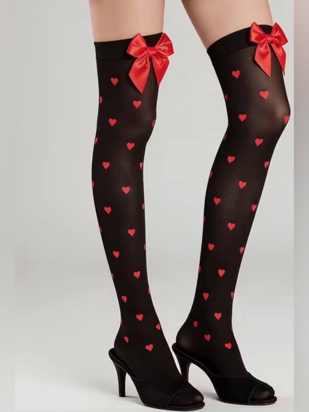 Red Heart-Print Black Thigh High Socks with Red Bow